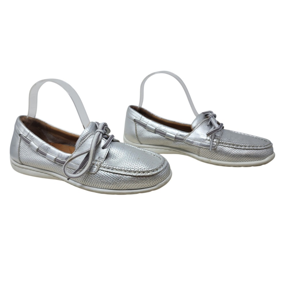 Clarks Boat Shoe 7.5 Wom Cliffrose Silver Metallic Perforated Leather ExtraLight